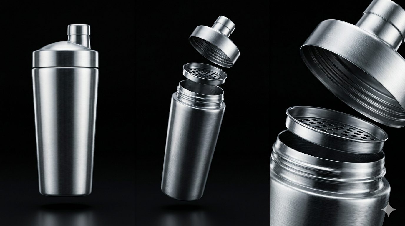 MONOLITH shaker — closed, exploded view, and disassembled.
